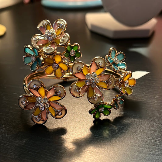 Enamel & Rhinestone Flower Cuff