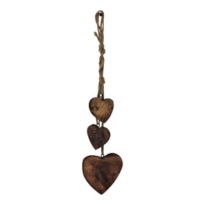 Three Hanging Wooden Heart Decoration, Dark Wood